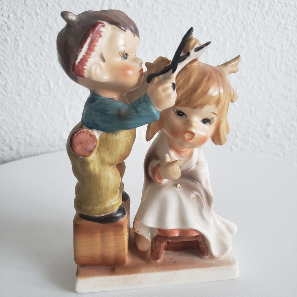 Vtg Napco Japan  "My First Haircut" Ceramic Figurine Boy cutting sister's hair.